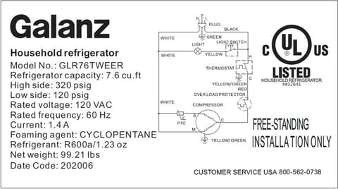 Model numbers BCD-215V-62H, GLR76TRDER, GLR76TBKER, GLR76TBEER or GLR76TWEER followed by the date code, in YYYYMM format, are printed on label on the back of the Galanz refrigerators. Only refrigerators with date codes ranging from December 2018 through December 2020 are included in this recal