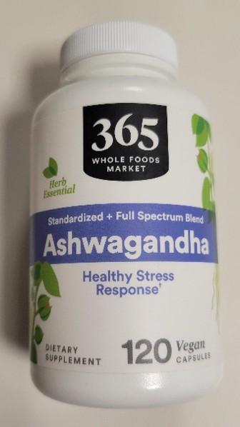 365 Whole Foods Market Standardized + Full Spectrum Blend Ashwagandha Capsules 120 count, product package/label